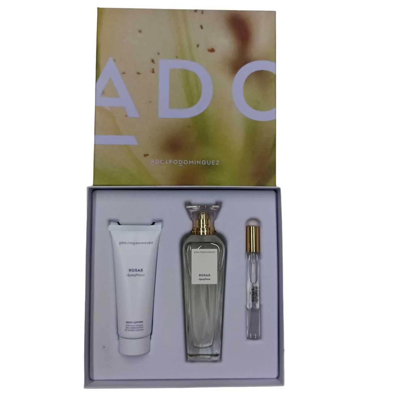 SET D ADOLFO DOMINGUEZ AGUA FRESCA ROSAS 120ML. EDT+MINI+CREMA