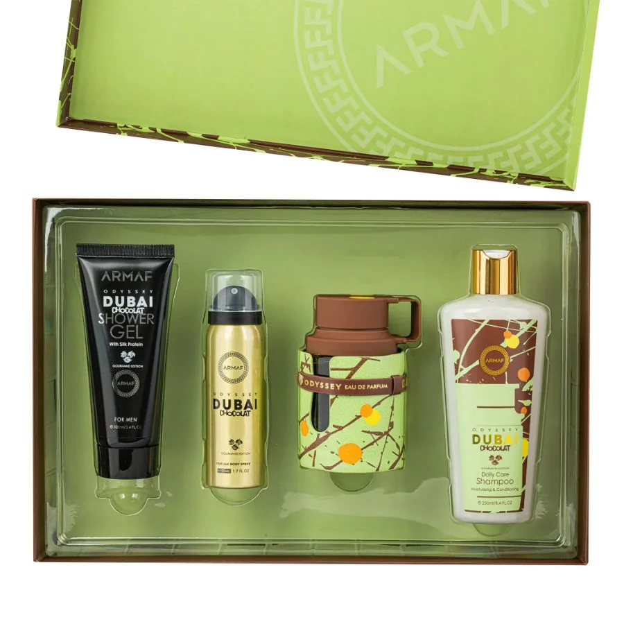SET U ARMAF ODYSSEY DUBAI CHOCOLAT 100ML. EDP+GEL+DESODORANTE+SHAMPOO